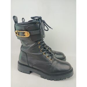 Versace Women's Black Nero Leather Oro Safety Pin Combat Boots Size 38